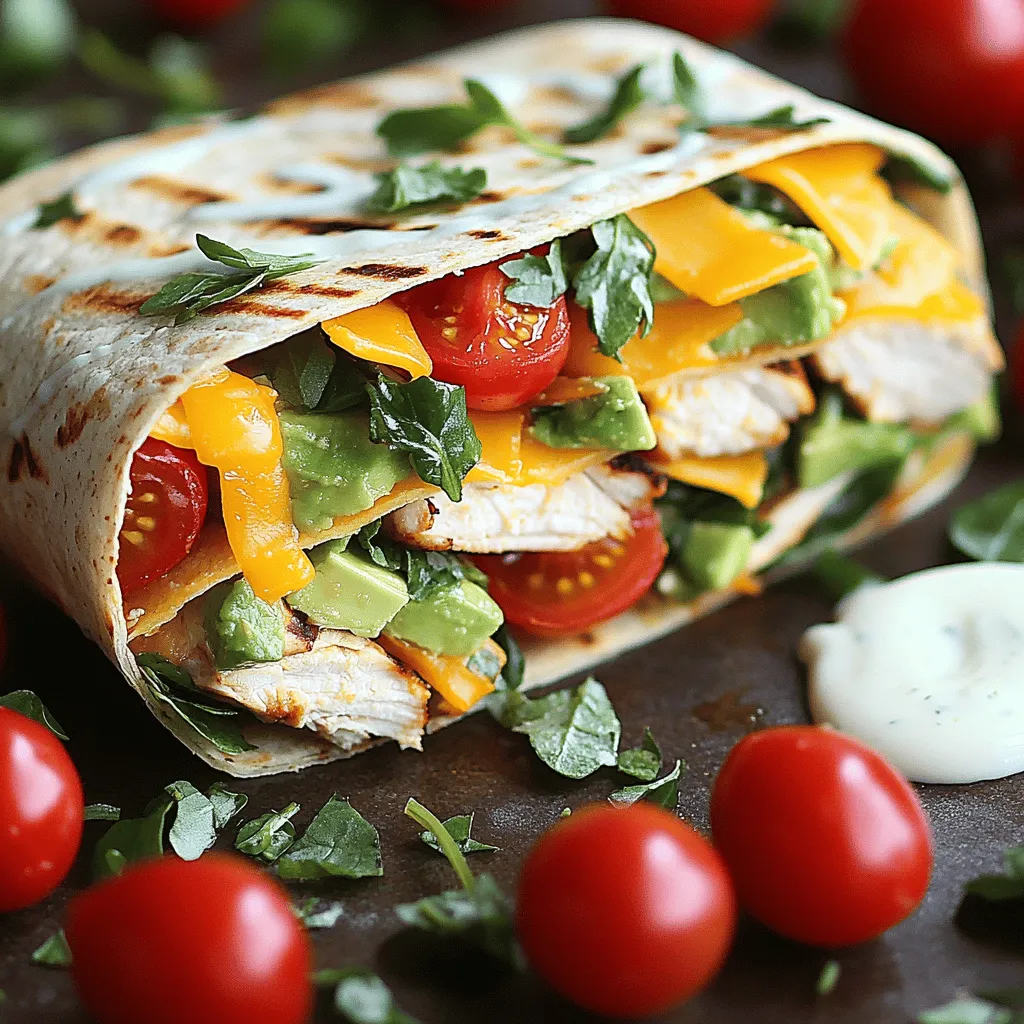 To make a tasty grilled chicken avocado ranch wrap, gather these key items: - 2 boneless, skinless chicken breasts - 4 large whole wheat tortillas - 1 ripe avocado, sliced - 1 cup fresh spinach leaves - 1 medium tomato, diced - ½ cup shredded cheddar cheese