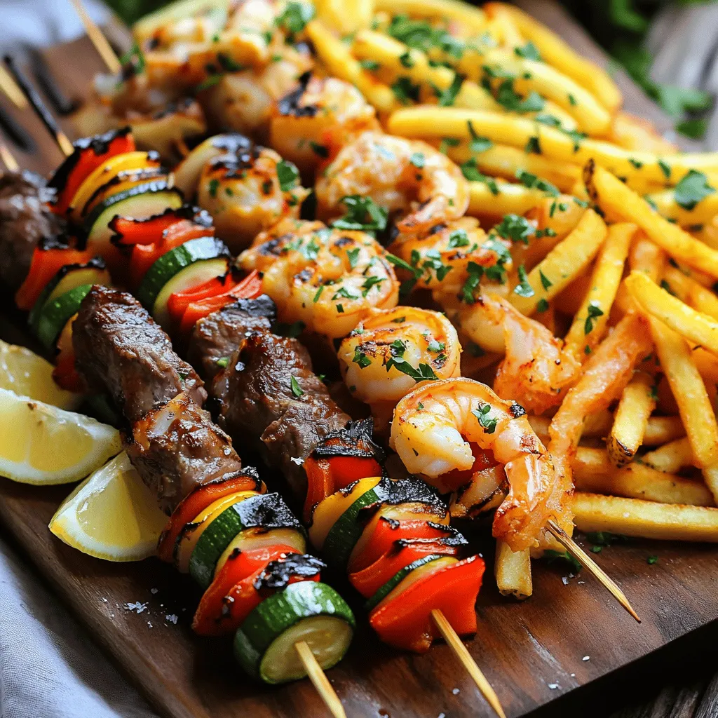 For the mixed grill platter, you will need: - 1 lb chicken thighs, boneless and skinless - 1 lb beef sirloin, cut into skewers - 1 lb shrimp, peeled and deveined - 1 red bell pepper, cut into chunks - 1 zucchini, sliced - 2 tablespoons olive oil - 1 tablespoon smoked paprika - 1 tablespoon garlic powder - 1 tablespoon onion powder - 1 tablespoon dried oregano - Salt and pepper to taste