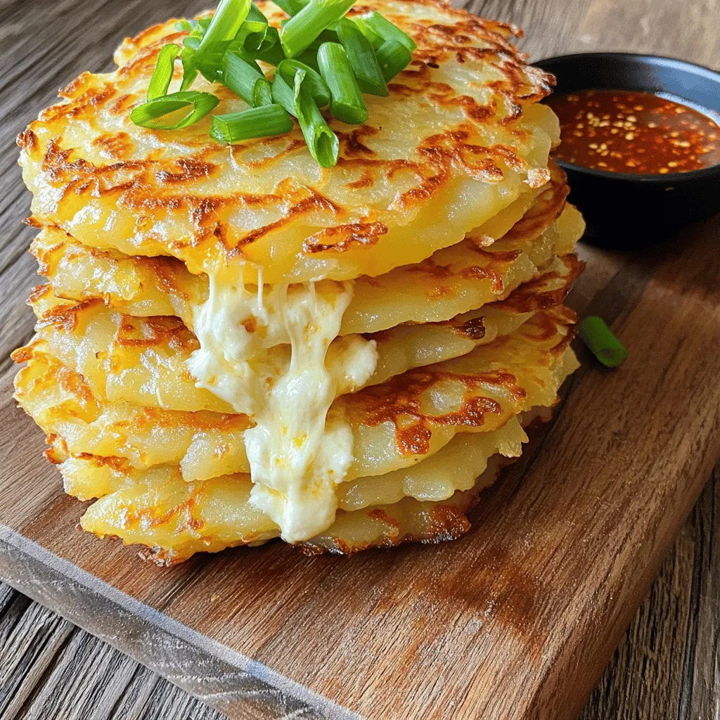 Korean cheesy potato pancakes are crispy, savory snacks packed with flavor. These pancakes blend grated potatoes and gooey mozzarella. You can enjoy them for breakfast, lunch, or as a tasty snack. This dish is popular in Korean cuisine, known for its delightful balance of textures and flavors.