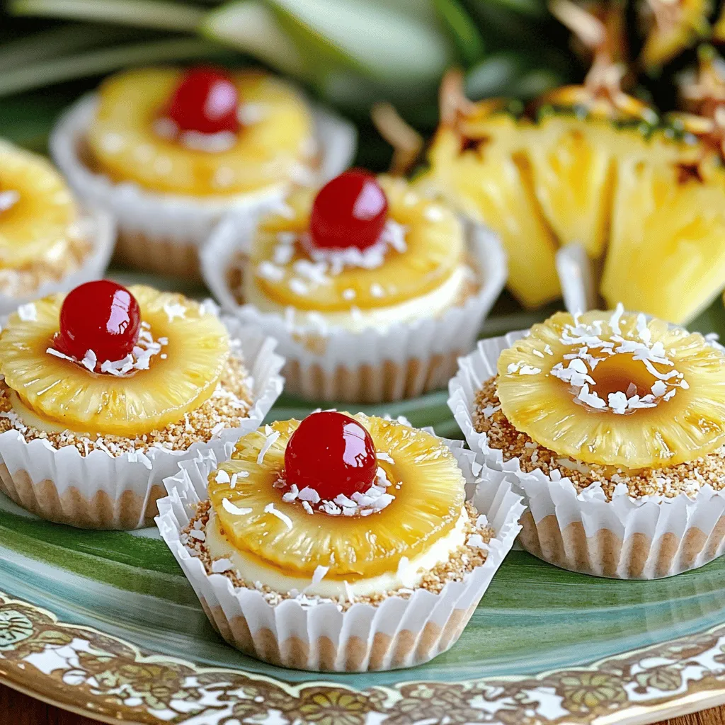 - 1 cup graham cracker crumbs - 1/4 cup unsweetened shredded coconut - 1/4 cup melted butter - 8 oz cream cheese, softened - 1/2 cup sugar - 1 tsp vanilla extract - 1/4 cup sour cream - 1 large egg - 1 can (8 oz) sliced pineapple rings, drained - Maraschino cherries for topping - Pinch of salt