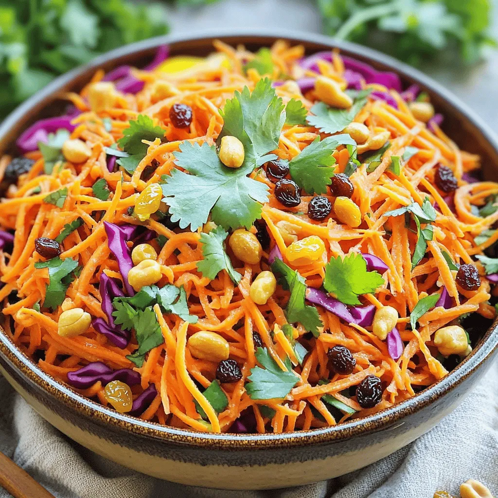 - 4 medium carrots, peeled and shredded - 1 cup red cabbage, finely shredded - 1/2 cup yellow bell pepper, finely diced - 1/4 cup fresh cilantro, chopped