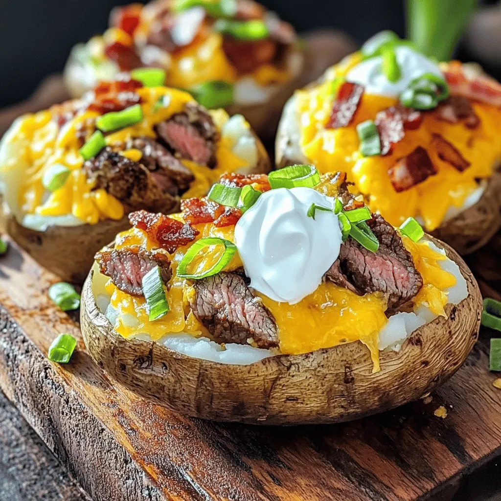 To make a loaded baked potato with steak bites, you need a few key items. Start with four large russet potatoes. Their thick skin holds the fluff inside well. Next, get one pound of sirloin steak. Cut it into bite-sized pieces for easy eating. You will also need two tablespoons of olive oil to cook the steak and potatoes. For flavor, use garlic powder, smoked paprika, salt, and pepper. Don