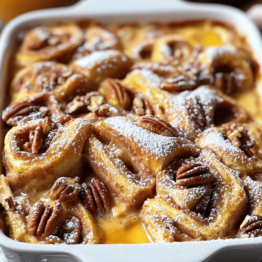 - 2 cans (12.4 oz each) refrigerated cinnamon rolls - 4 large eggs - 1 cup milk (whole or 2%) - 1 teaspoon vanilla extract - 1 teaspoon ground cinnamon - ½ cup brown sugar, packed - ½ cup chopped pecans (optional) - 1 cup maple syrup (for serving) - Powdered sugar (for dusting)