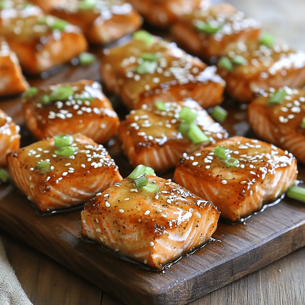 To make honey butter garlic glazed salmon bites, you need a few key ingredients. First, get 1 pound of fresh salmon fillet. Make sure the skin is gone and cut it into small pieces. Next, you need 4 tablespoons of unsalted butter. This will make your glaze rich and creamy. You will also need 3 tablespoons of honey for sweetness. Add 4 cloves of minced garlic for flavor. A tablespoon of soy sauce adds a savory touch. Grate 1 teaspoon of fresh ginger to give it a nice zing. Lastly, season with salt and black pepper. Top it off with sliced green onions and sesame seeds for garnish.