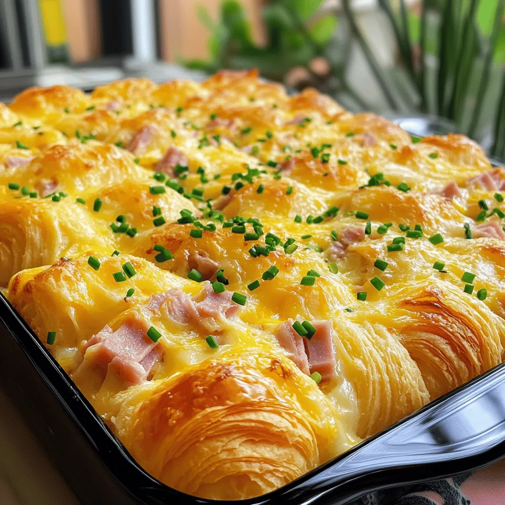 - 6 large buttery croissants, torn into pieces - 1 cup cooked ham, diced - 1 cup shredded cheddar cheese - 1 cup shredded Swiss cheese - 6 large eggs - 2 cups whole milk - 1 teaspoon Dijon mustard - 1/2 teaspoon garlic powder - Salt and pepper to taste - 1/4 cup fresh chives, chopped (optional, for garnish)