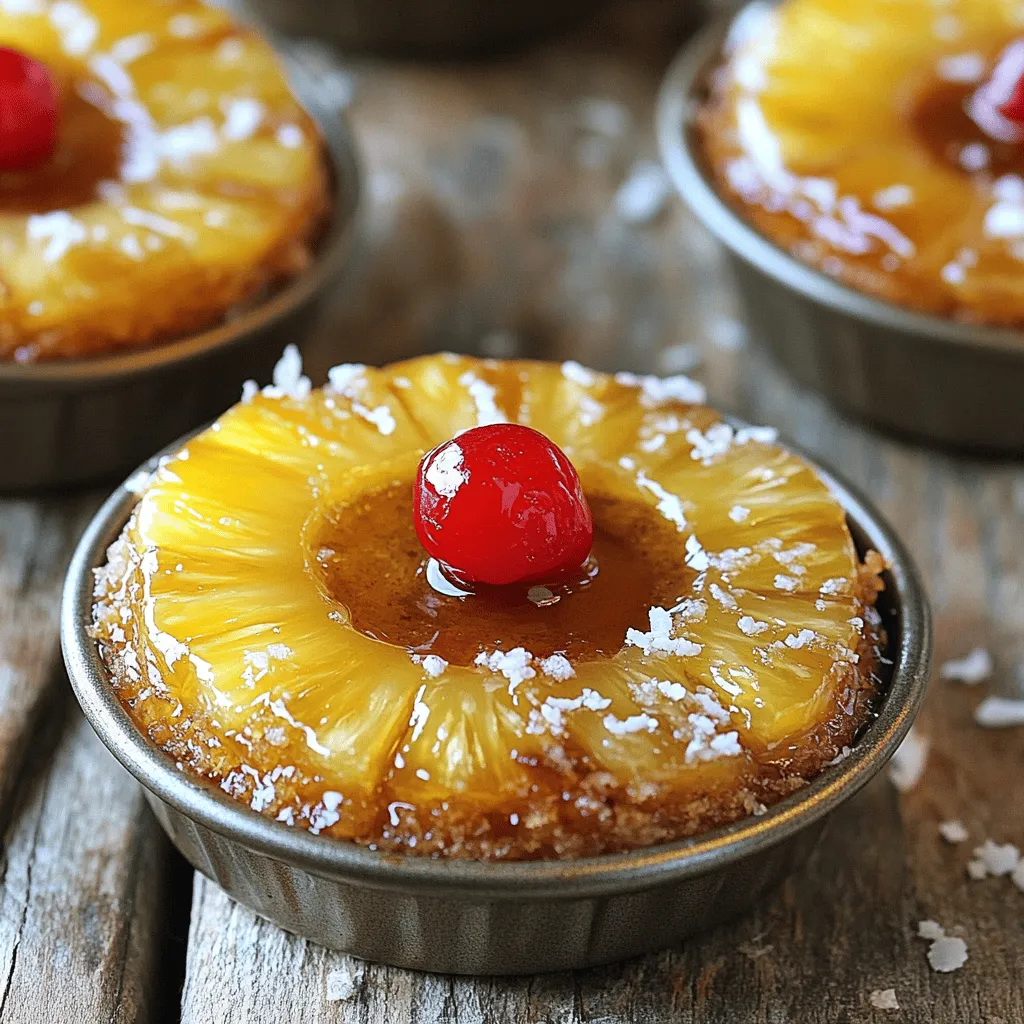 To make these delightful muffin tin mini pineapple upside down cakes, gather the following items: - 1 cup all-purpose flour - 1/2 cup granulated sugar - 2 teaspoons baking powder - 1/4 teaspoon salt - 1/2 cup unsalted butter, melted - 1/2 cup whole milk - 1 large egg - 1 teaspoon vanilla extract - 1 can (8 oz) pineapple slices in juice, drained - Maraschino cherries (for garnish) - Brown sugar (for caramelization)