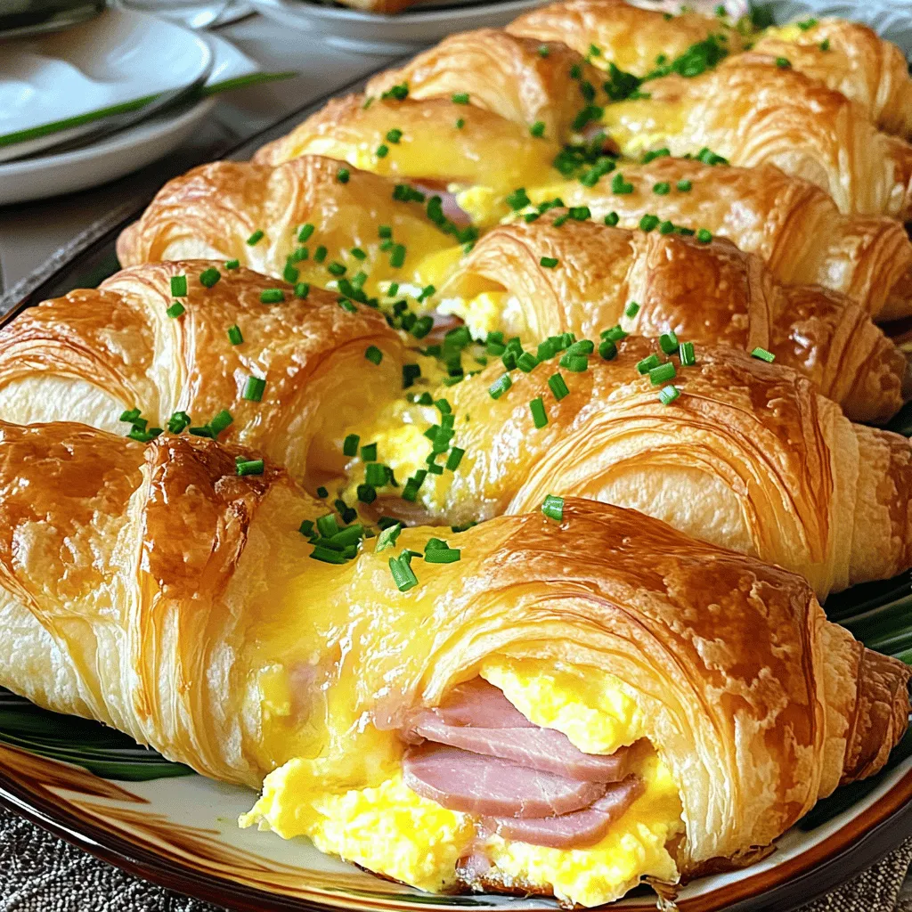 - 4 large croissants - 8 ounces cooked ham - 8 ounces Swiss cheese - 4 large eggs - 1 cup milk