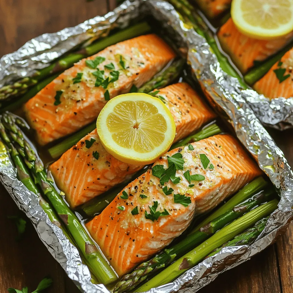 To make a tasty baked salmon recipe, you need some key ingredients. First, grab two salmon fillets, about six ounces each. Next, find a bunch of fresh asparagus, trimmed to fit well in the packet. You’ll also need olive oil, a lemon, garlic, dried thyme, and oregano. Lastly, have salt and black pepper ready for seasoning. These items create a healthy salmon dinner that is easy to prepare.