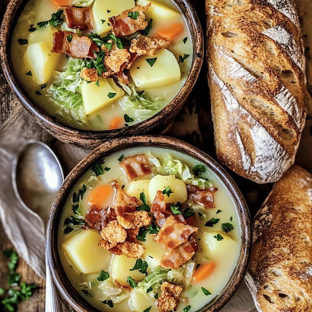 To make a hearty Irish Bacon, Cabbage, and Potato Soup, you need a few simple ingredients.