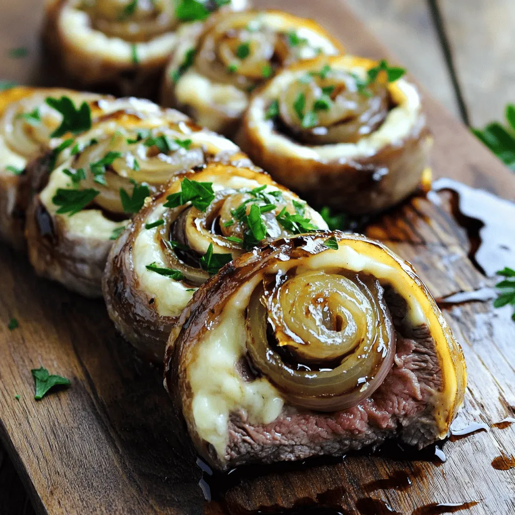 To make French Onion Steak Pinwheels, you need simple and fresh ingredients. This recipe shines with quality items. Start with 1 pound of flank steak, sliced thinly. Flank steak gives great flavor and stays tender. Next, grab 1 large onion, finely sliced. This onion will caramelize beautifully.