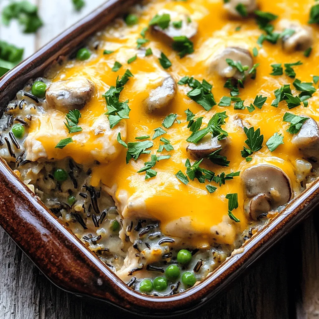 - 2 cups wild rice - 4 cups chicken broth - 1 lb boneless, skinless chicken breasts, diced - 1 medium onion, finely chopped - 2 cloves garlic, minced - 1 cup mushrooms, sliced - 1 cup frozen peas - 1 cup whole milk - 1/2 cup Greek yogurt - 1 tablespoon olive oil - 1 teaspoon dried thyme - 1 teaspoon dried rosemary - Salt and pepper to taste - 1 cup shredded cheddar cheese - Fresh parsley, chopped for garnish