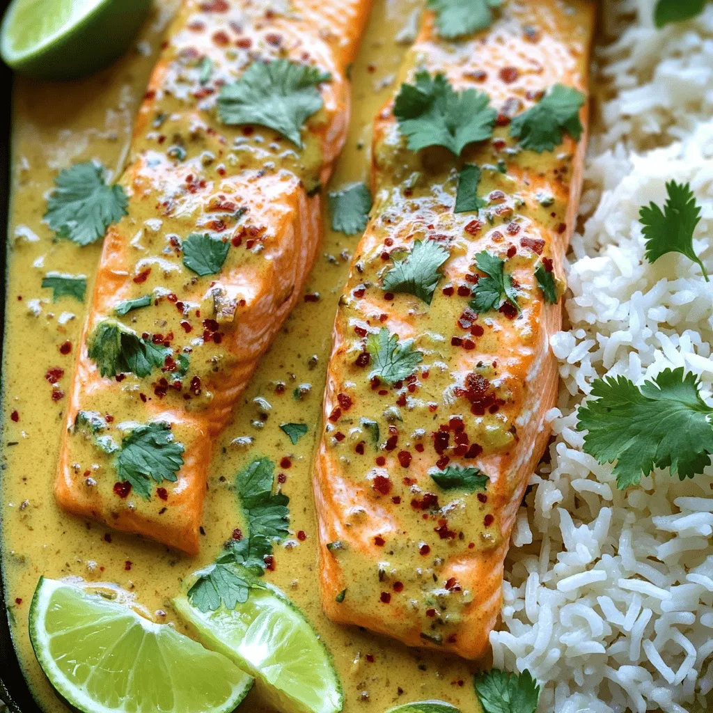 The coconut curry salmon recipe shines with a few key ingredients. First, we need salmon fillets. Choose four fillets, about 6 ounces each. The salmon brings flavor and protein. Next, you
