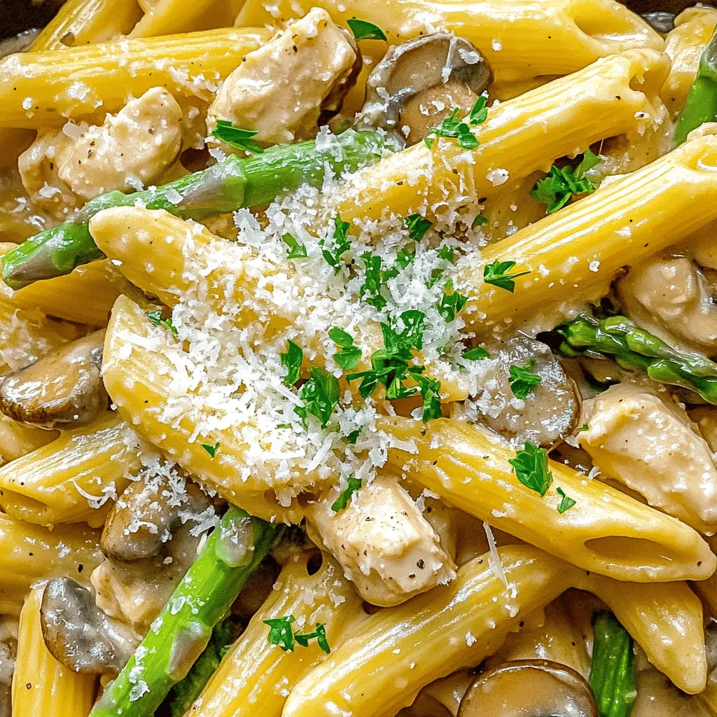 Creamy Mushroom and Asparagus Chicken Penne is a tasty meal. It blends chicken, pasta, and fresh veggies. The creamy sauce brings it all together. You can make this dish in just 30 minutes.