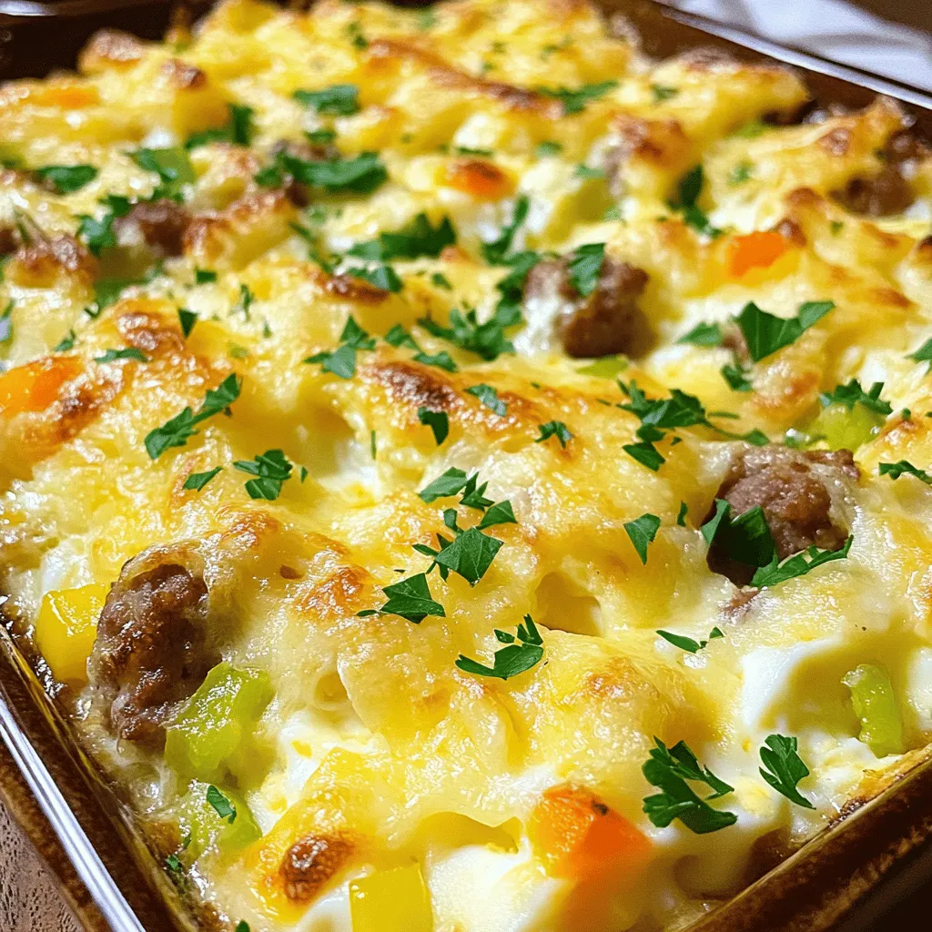 - 1 pound breakfast sausage, casing removed - 8 large eggs - 1 cup milk - 2 cups shredded cheddar cheese - 1 cup diced bell peppers (mixed colors) - 1 cup diced onion - 1 teaspoon garlic powder - 1 teaspoon smoked paprika - Salt and black pepper to taste - 4 cups cubed day-old bread (preferably a hearty type like sourdough or French) - Fresh parsley, chopped (for garnish)