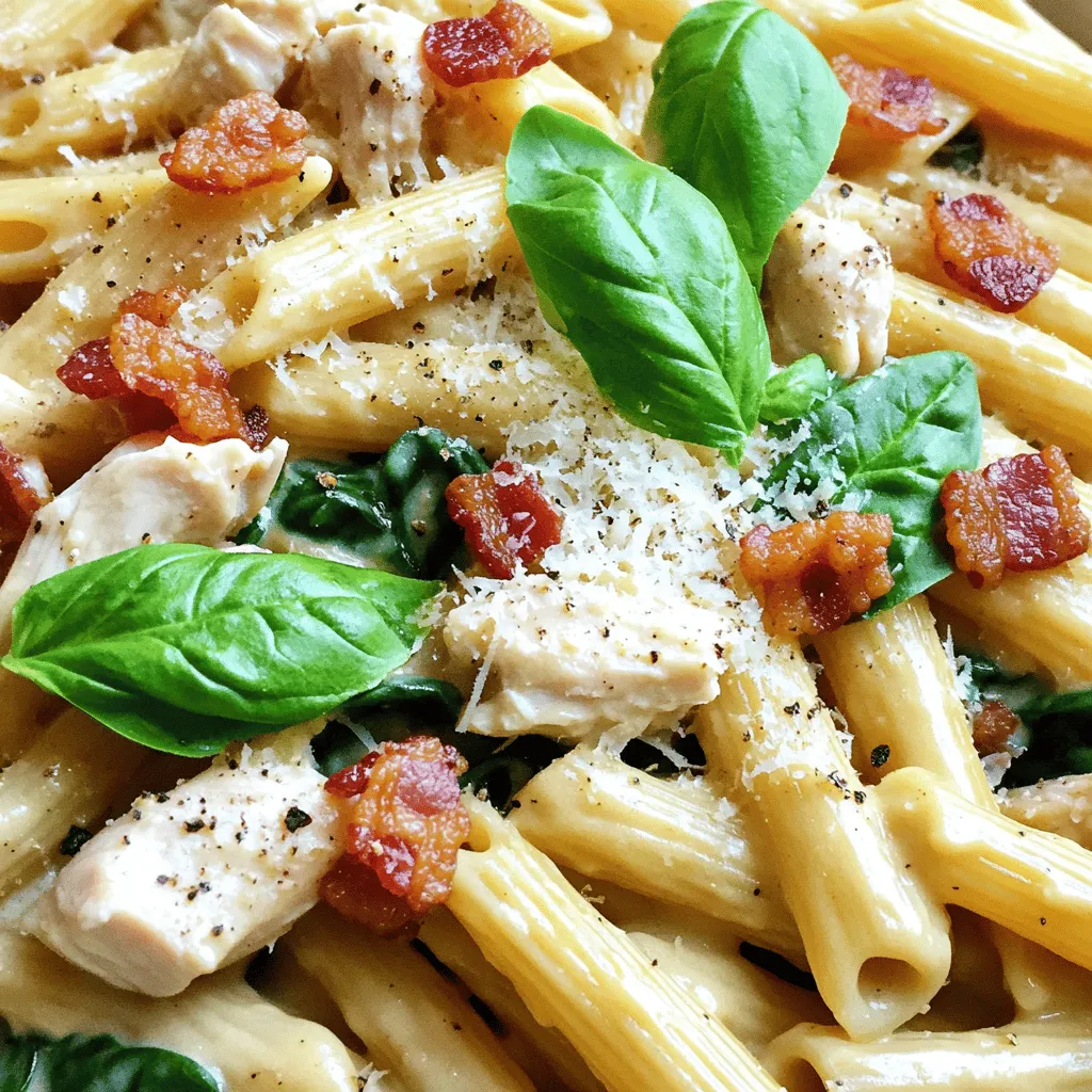 - 8 oz (225g) penne pasta - 2 chicken breasts, diced - 4 slices of bacon, chopped - 1 cup heavy cream - 1 cup chicken broth - 1 cup fresh spinach - 1/2 cup grated Parmesan cheese