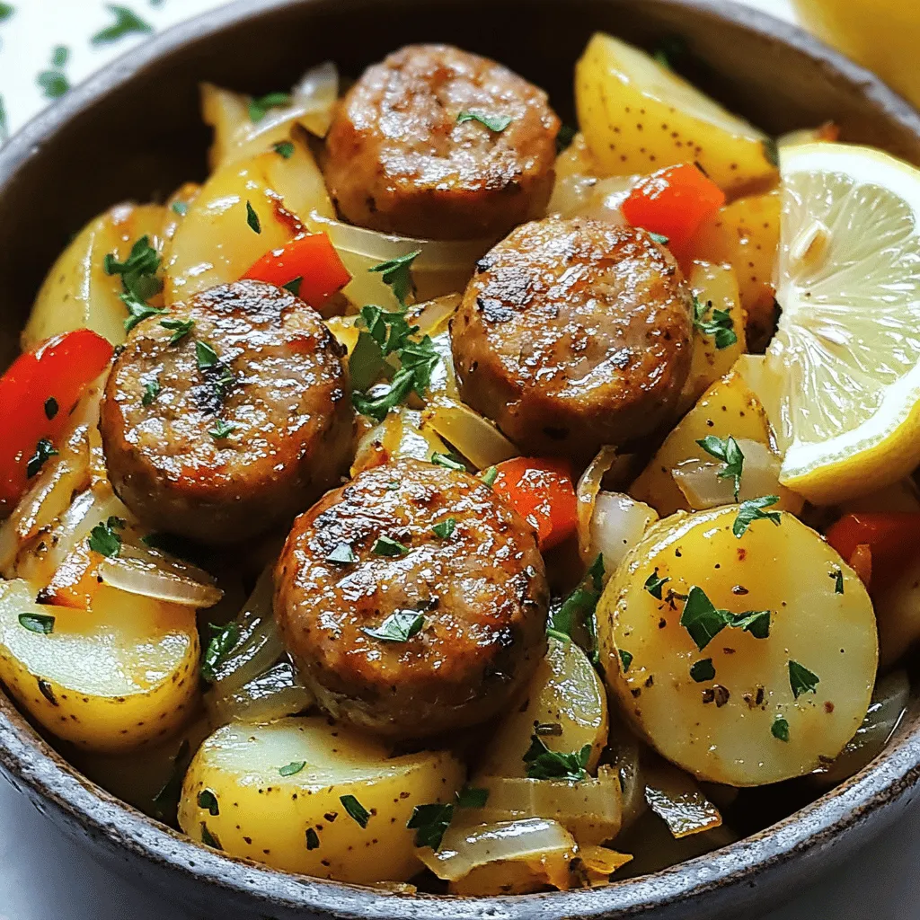 - 1 lb smoked sausage, sliced into rounds - 4 medium-sized Yukon gold potatoes, diced - 1 large onion, chopped - 3 cloves garlic, minced - 1 red bell pepper, diced - 2 tablespoons olive oil