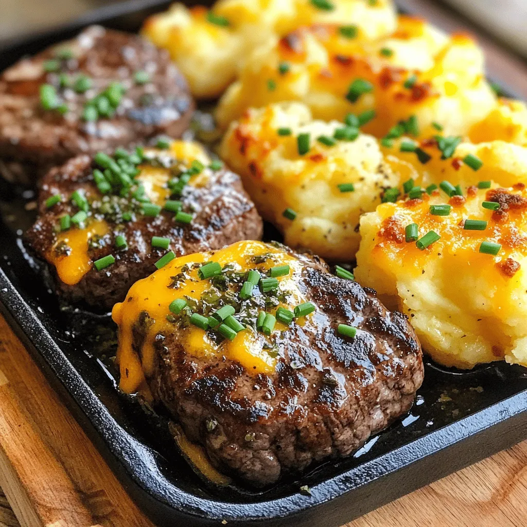 Garlic butter steak bites with crispy cheddar smashed potatoes is a tasty dish. The main ingredients bring out bold flavors. You need sirloin steak, olive oil, garlic, and butter for the steak bites. Sirloin works well because it is tender and juicy.