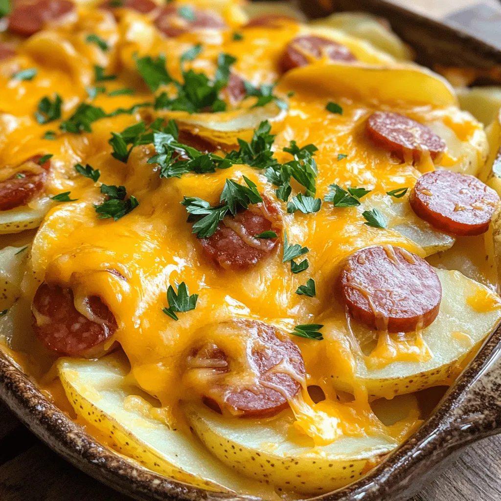 - 1 lb smoked kielbasa, sliced into rounds - 2 cups shredded cheddar cheese - 4 large russet potatoes, peeled and thinly sliced
