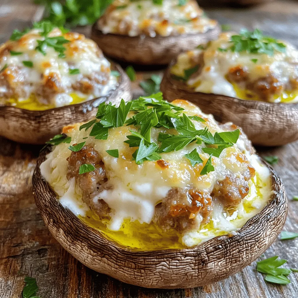 - 12 large portobello mushrooms - 1 cup cooked Italian sausage - 1 cup softened cream cheese - 1/2 cup grated Parmesan cheese - 1/2 cup Italian seasoned breadcrumbs - 1/4 cup fresh parsley - 2 cloves minced garlic - 1 teaspoon dried oregano - 1 teaspoon dried basil - Salt and pepper - Olive oil for drizzling