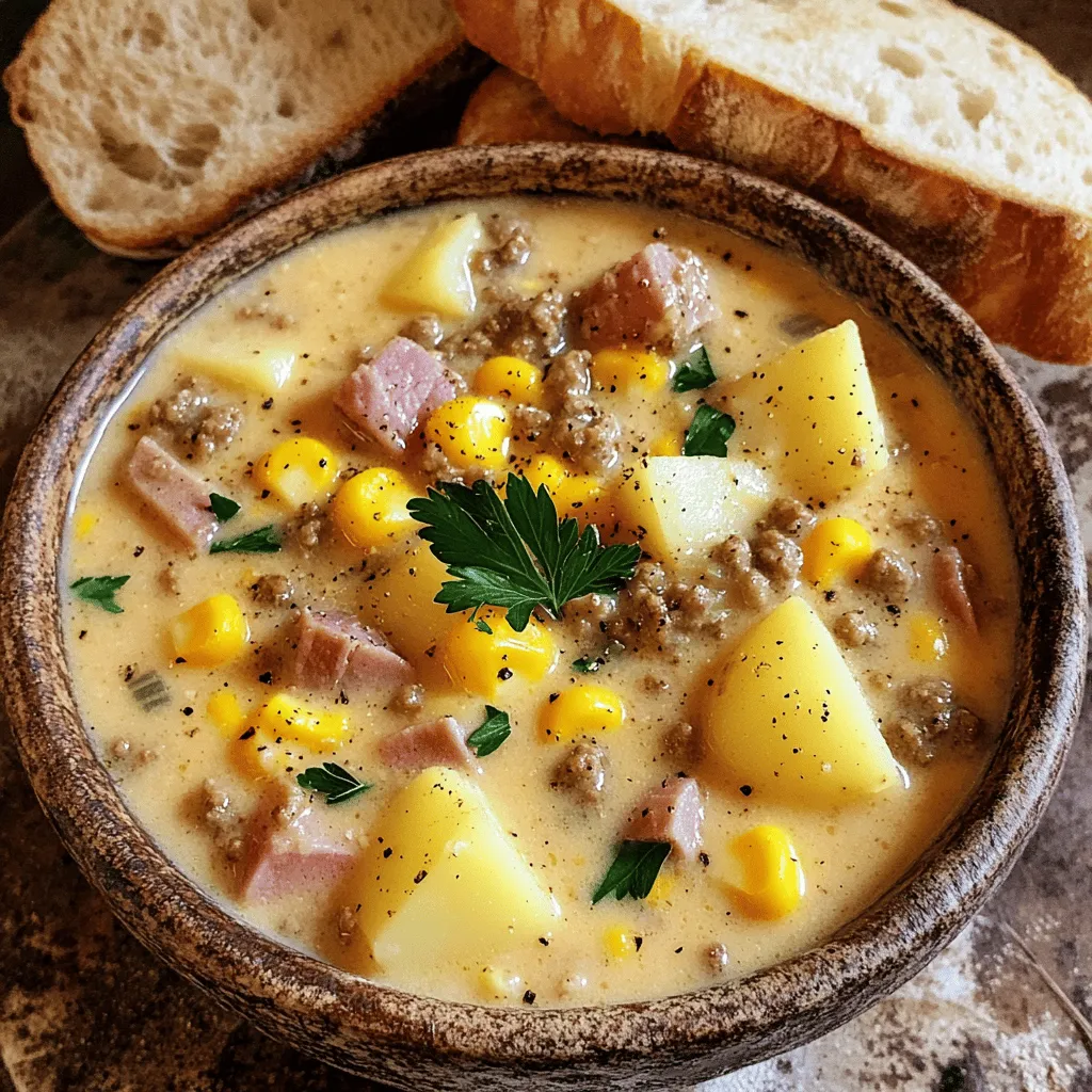 To make a great beef ham and corn chowder, you need simple but tasty ingredients. The main items include ground beef, diced ham, corn, and potatoes. Each of these adds flavor and texture to the chowder. Here is a closer look at the key ingredients.