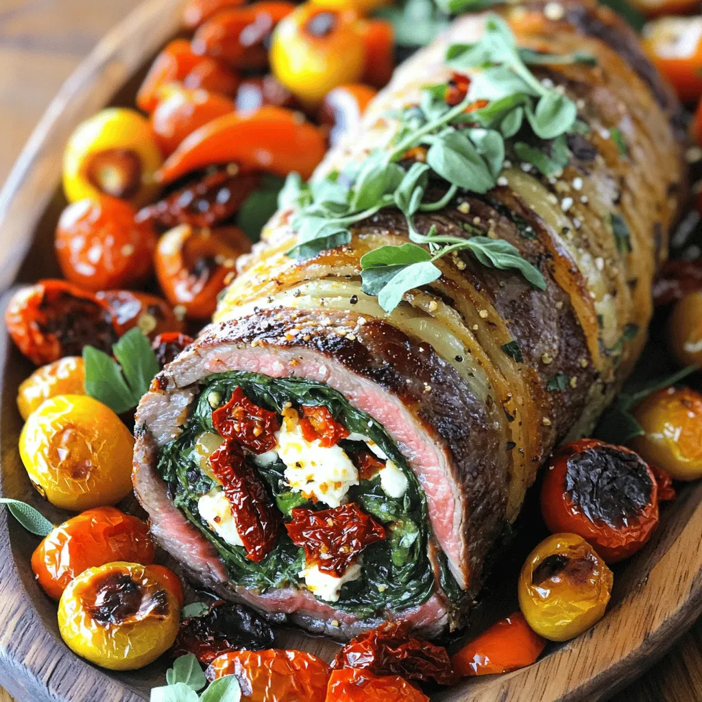 To make a great flank steak roulade, you need a few key ingredients. First, choose a good flank steak, about one pound. You will also need some fresh spinach, roasted red peppers, feta cheese, sun-dried tomatoes, garlic, and seasonings like oregano and paprika. These ingredients come together to create a tasty filling.