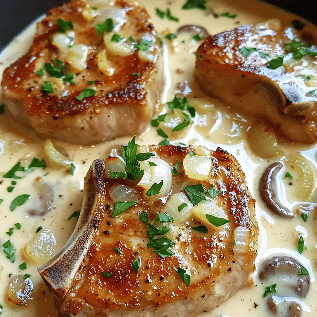 When making garlic pork chops in creamy mushroom sauce, you need a few key ingredients. The main star is the pork chop. I prefer boneless pork chops, about one inch thick. They cook evenly and stay juicy. Next, gather fresh garlic and onion for a rich flavor base.