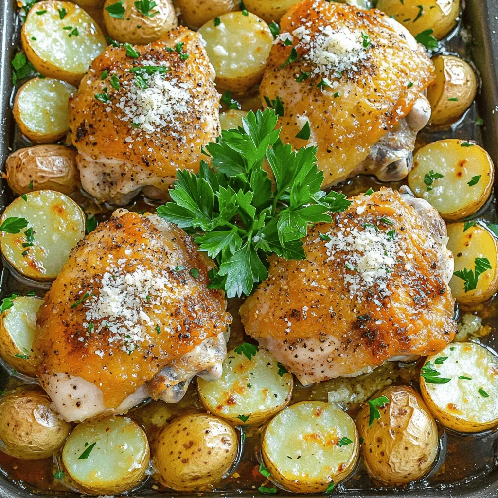For a tasty one-pan garlic parmesan chicken and potatoes meal, you need simple ingredients. The main star is 4 bone-in, skin-on chicken thighs. These cut pieces make the dish juicy and flavorful. Next, grab 1 pound of baby potatoes. Halve or quarter them to ensure even cooking.