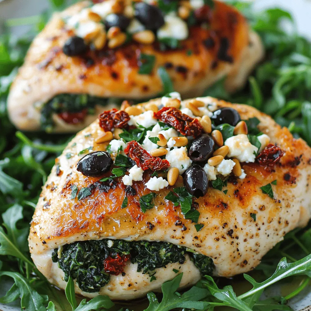 - 4 boneless, skinless chicken breasts - 1 cup spinach, chopped - 1/2 cup feta cheese, crumbled - 1/2 cup sun-dried tomatoes, chopped - 1/4 cup black olives, pitted and sliced