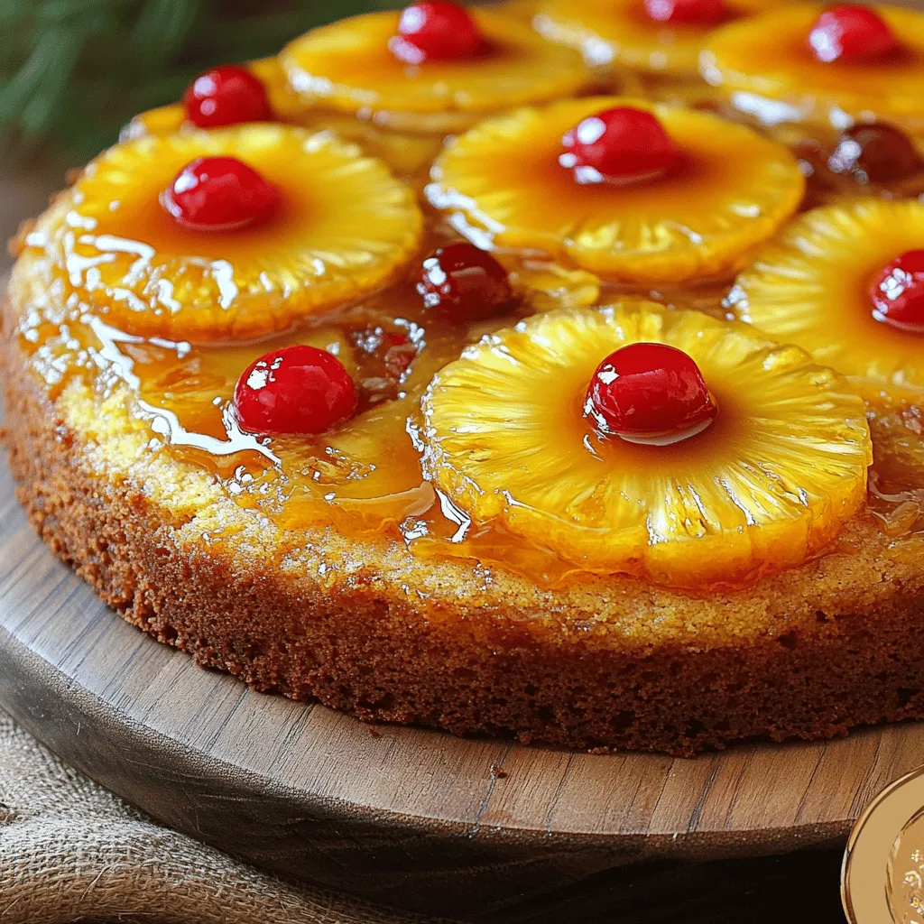 To make the best pineapple upside-down cake, gather these essential ingredients: - 1 can (20 oz) pineapple slices in juice, drained (reserve juice) - 1/2 cup (1 stick) unsalted butter - 1 cup packed brown sugar - 1/2 cup granulated sugar - 1 teaspoon vanilla extract - 2 large eggs - 1 1/2 cups all-purpose flour - 1 1/2 teaspoons baking powder - 1/4 teaspoon salt - 1/2 cup pineapple juice (reserved from can) - Maraschino cherries (for garnish)