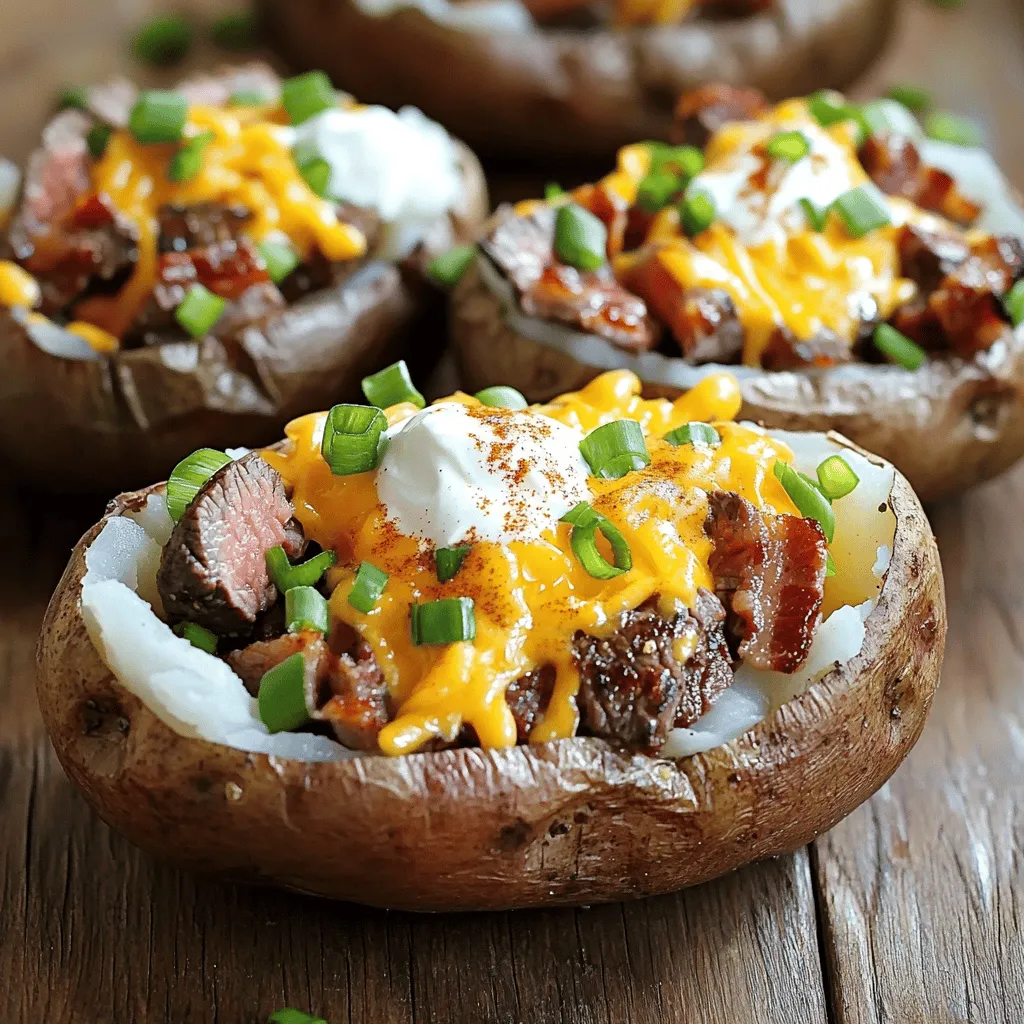 To make loaded baked potatoes with juicy steak bites, you need simple and fresh ingredients. Here’s what you need:
