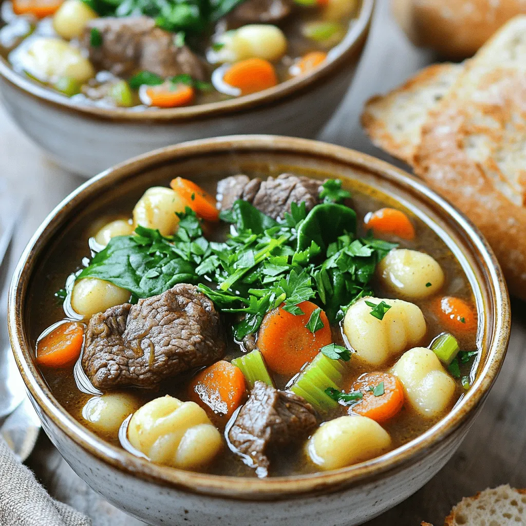 To make Potato Gnocchi Beef Stew, gather these key ingredients. You will need 1 pound of beef chuck, cut into 1-inch cubes. This beef is tender and flavorful. Use 1 tablespoon of olive oil to sear the meat.