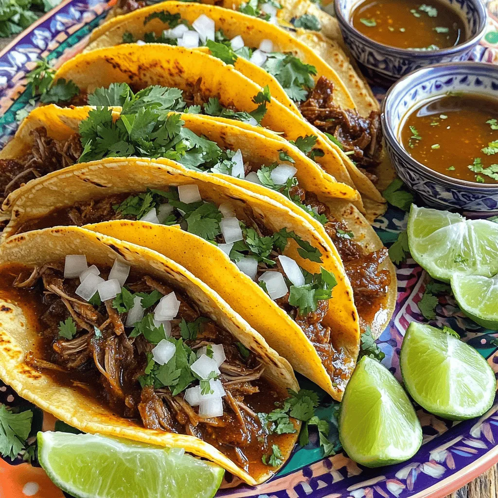 - 2 lbs beef chuck roast, cut into chunks - 3 dried guajillo chiles, stems and seeds removed - 2 dried ancho chiles, stems and seeds removed - 4 cloves garlic, minced - 1 medium onion, chopped - 2 cups beef broth - 1 tablespoon apple cider vinegar - 2 teaspoons ground cumin - 2 teaspoons dried oregano - 1 teaspoon ground cinnamon - 1 teaspoon smoked paprika - Salt and pepper to taste - Corn tortillas - Fresh cilantro, chopped (for garnish) - Diced onions (for garnish) - Lime wedges (for serving)