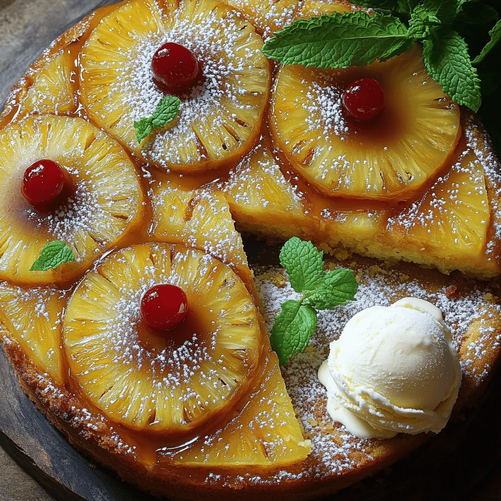 To make this Hawaiian Pineapple Upside-Down Cake, gather these items: - 1 can (20 oz) pineapple slices, drained (reserve juice) - 1/2 cup unsalted butter, melted - 3/4 cup brown sugar, packed - 1/4 cup maraschino cherries - 1 cup all-purpose flour - 1 cup granulated sugar - 1 1/2 tsp baking powder - 1/2 tsp salt - 1/2 tsp vanilla extract - 1/2 cup reserved pineapple juice - 2 large eggs