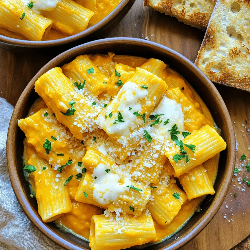 For a great pumpkin rigatoni recipe, you need some key ingredients. First, grab 12 ounces of rigatoni pasta. This pasta shape holds the sauce well, giving each bite a creamy taste. Next, use one cup of pumpkin puree. You can use canned or make your own. This gives a rich flavor and smooth texture.