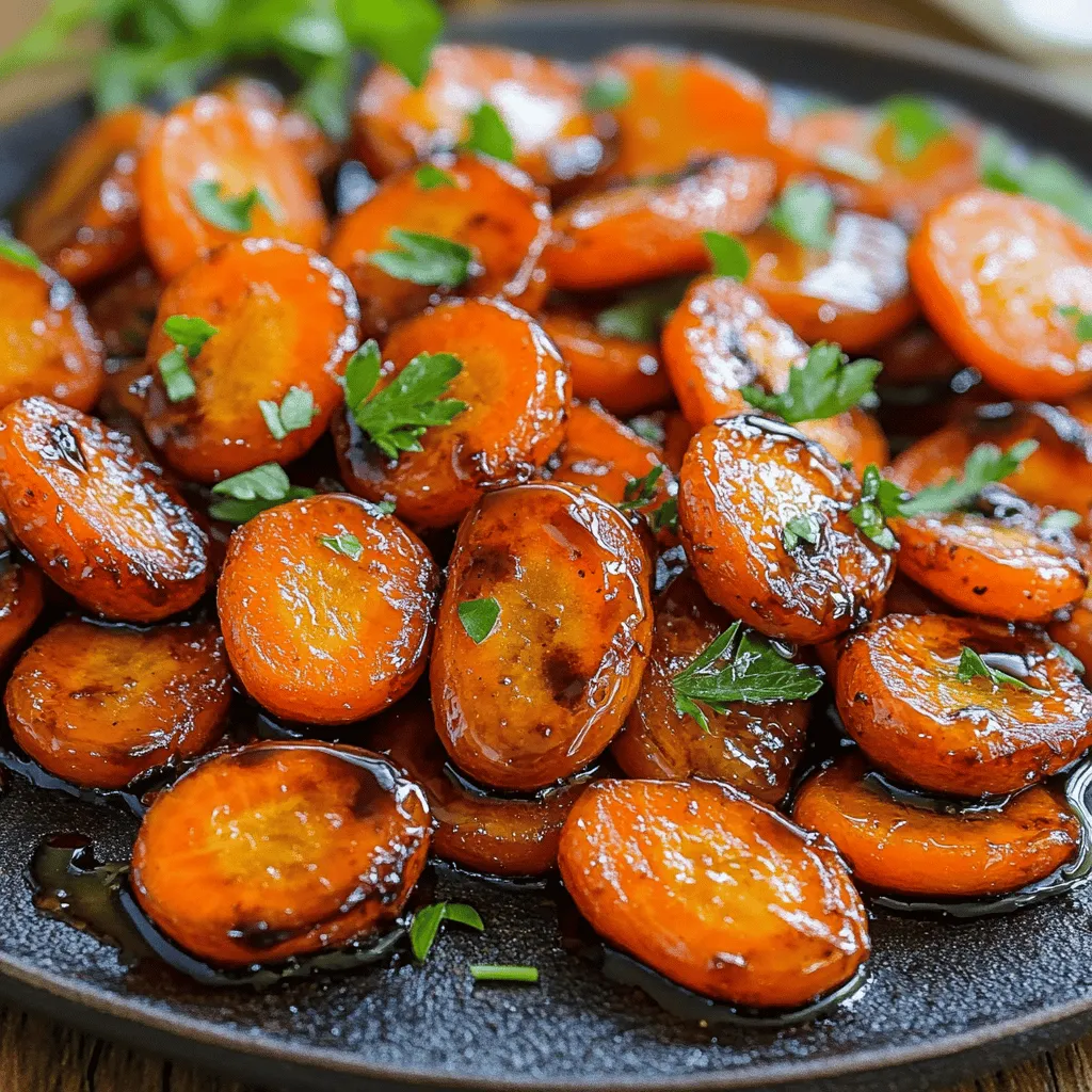 - 1 pound baby carrots, peeled - 3 tablespoons balsamic vinegar - 2 tablespoons olive oil - 1 tablespoon honey or maple syrup - 1 teaspoon garlic powder - 1 teaspoon dried thyme - Salt and pepper to taste - Fresh parsley for garnish