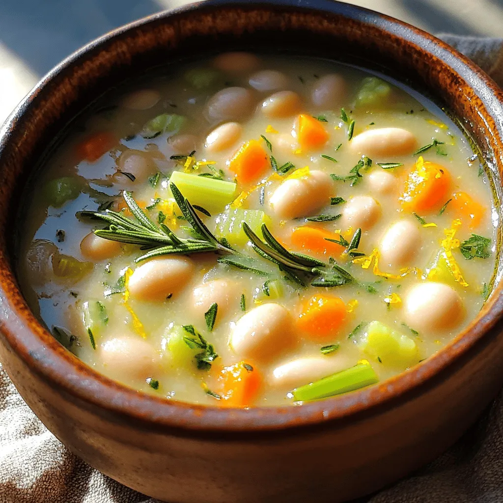 The main ingredients in this soup are simple yet powerful. You will need white beans, vegetable broth, onion, garlic, carrots, celery, olive oil, fresh rosemary, and lemon. Each one plays a role in making this soup tasty and comforting.