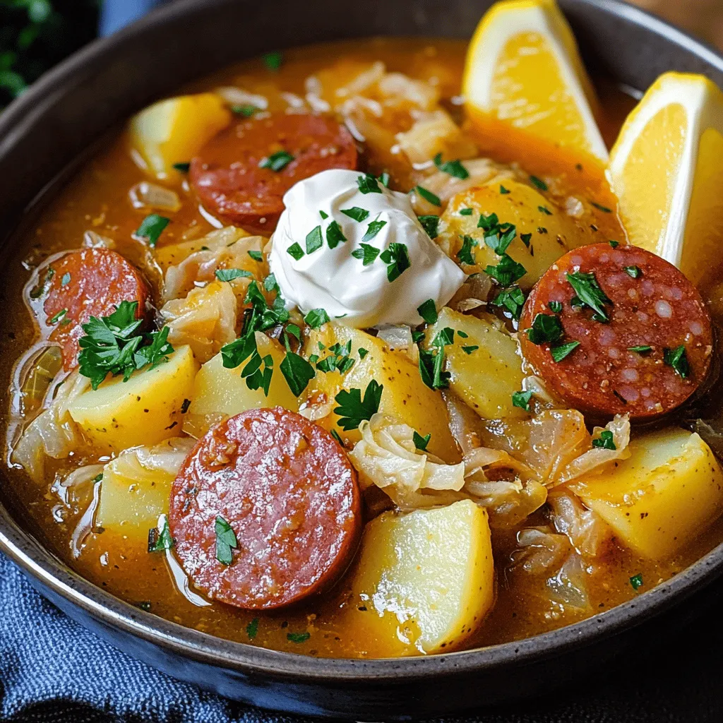 To make slow cooker kielbasa and potatoes, you need a few key ingredients. First, grab 1 pound of kielbasa, sliced into rounds. This sausage adds great flavor. Next, use 4 medium russet potatoes, diced. They give the dish its hearty base. You will also need 1 large onion, chopped, and 3 cloves of minced garlic for extra taste. Adding 2 cups of chopped cabbage, either green or purple, brings in color and nutrition. For seasoning, include 1 teaspoon of smoked paprika, 1 teaspoon of dried thyme, and 1/2 teaspoon of black pepper. Finally, use 2 cups of vegetable broth and 2 tablespoons of olive oil to bind it all together. These ingredients create a warm, savory dish.