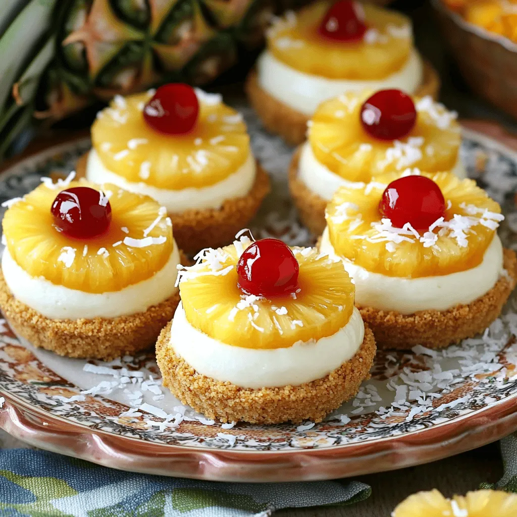 - 1 cup graham cracker crumbs - 1/4 cup unsalted butter, melted - 2 cups cream cheese, softened - 3/4 cup sugar - 1 teaspoon vanilla extract - Juice of 1 lemon - 2 large eggs - 1 can (8 oz) pineapple slices, drained - Maraschino cherries, for garnish - Optional toppings: Toasted coconut flakes