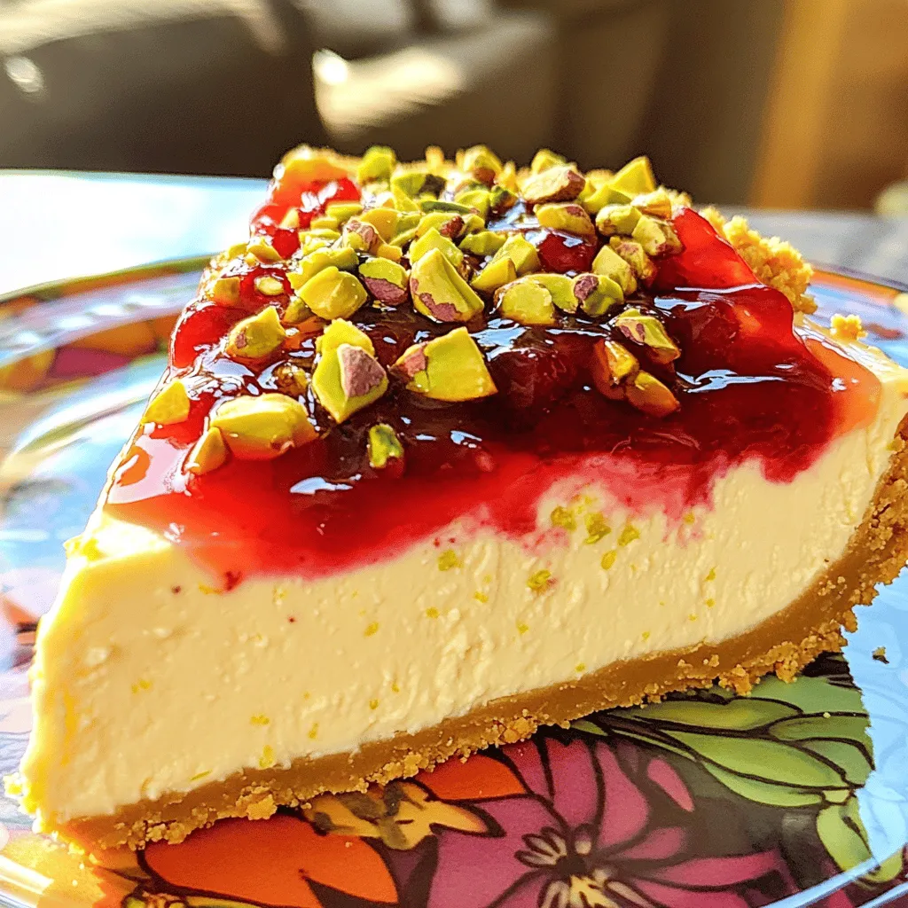 To make your Lemon-Lime Cherry Pistachio Cheesecake, gather these key items: - 1 ½ cups pistachio cookies, crushed - ½ cup unsalted butter, melted - 2 cups cream cheese, softened - 1 cup granulated sugar - 1 teaspoon vanilla extract - 3 large eggs - Zest of 2 lemons - Zest of 1 lime - ½ cup fresh lemon juice - ½ cup fresh lime juice - 1 cup cherry pie filling (or fresh cherries) - ¼ cup chopped pistachios for garnish