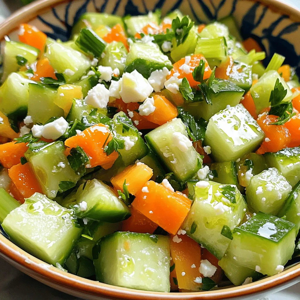 - 1 large cucumber, diced - 2 medium carrots, grated - 3 celery stalks, chopped - 1 bell pepper (any color), diced - 1/4 cup red onion, finely chopped - 1/4 cup fresh parsley, chopped - 1/4 cup feta cheese, crumbled (optional)