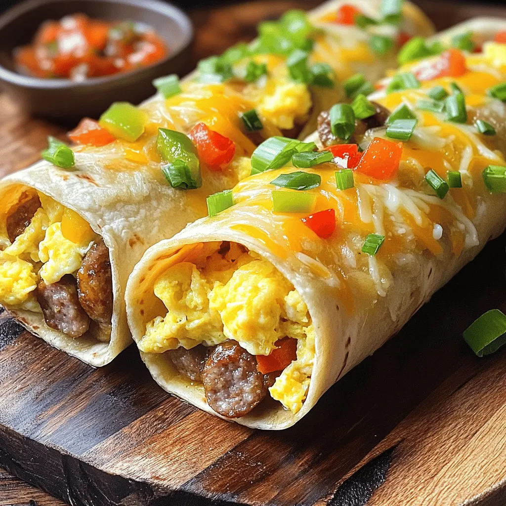 To make these tasty sausage and egg breakfast rolls, you need the following items: - 4 large breakfast sausages - 4 large eggs - 1 cup shredded cheese (cheddar or your choice) - 4 large flour tortillas - ½ cup diced bell peppers (mix of colors) - ¼ cup chopped green onions - 1 tablespoon olive oil - Salt and pepper to taste - 1 teaspoon garlic powder - 1 teaspoon paprika - Optional: salsa or hot sauce for serving