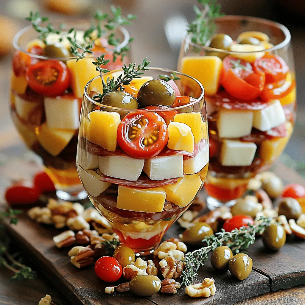 - 1 cup assorted cured meats - 1 cup assorted cheeses - 1 cup mixed olives - ½ cup cherry tomatoes - ⅓ cup mixed nuts - ¼ cup honey or fig jam - Fresh herbs for garnish - 4-6 small wine glasses or dessert cups