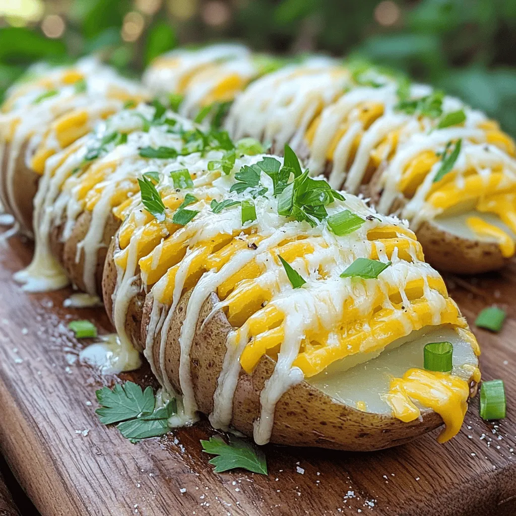To make the ultimate cheesy Hasselback potatoes, you need a few simple ingredients. First, gather 4 medium russet potatoes. Next, get 1/2 cup of unsalted butter, 1 cup of sharp cheddar cheese, 1/2 cup of mozzarella cheese, and 1/4 cup of parmesan cheese. You will also need 4 green onions, 2 cloves of garlic, and salt and pepper.