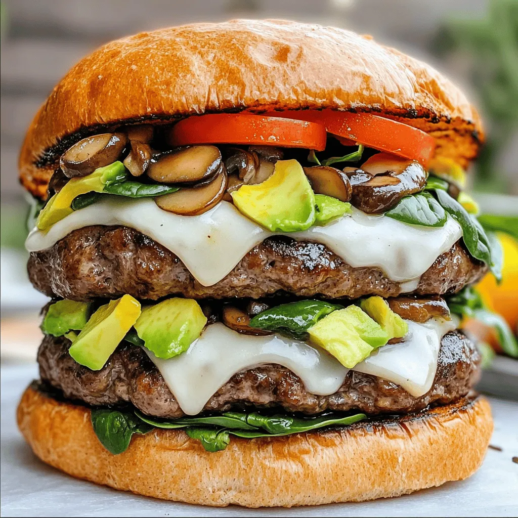 For the Gourmet Mushroom Swiss Burger, you will need: - 1 lb ground beef (80/20 blend) - 1 cup mushrooms, finely chopped - 1/4 cup onions, finely diced - 2 cloves garlic, minced - 1/2 teaspoon Worcestershire sauce - 1 teaspoon salt - 1/2 teaspoon black pepper - 4 slices Swiss cheese - 4 whole wheat burger buns - 1 cup baby spinach - 1 ripe tomato, sliced - 1 avocado, sliced - Olive oil for sautéing