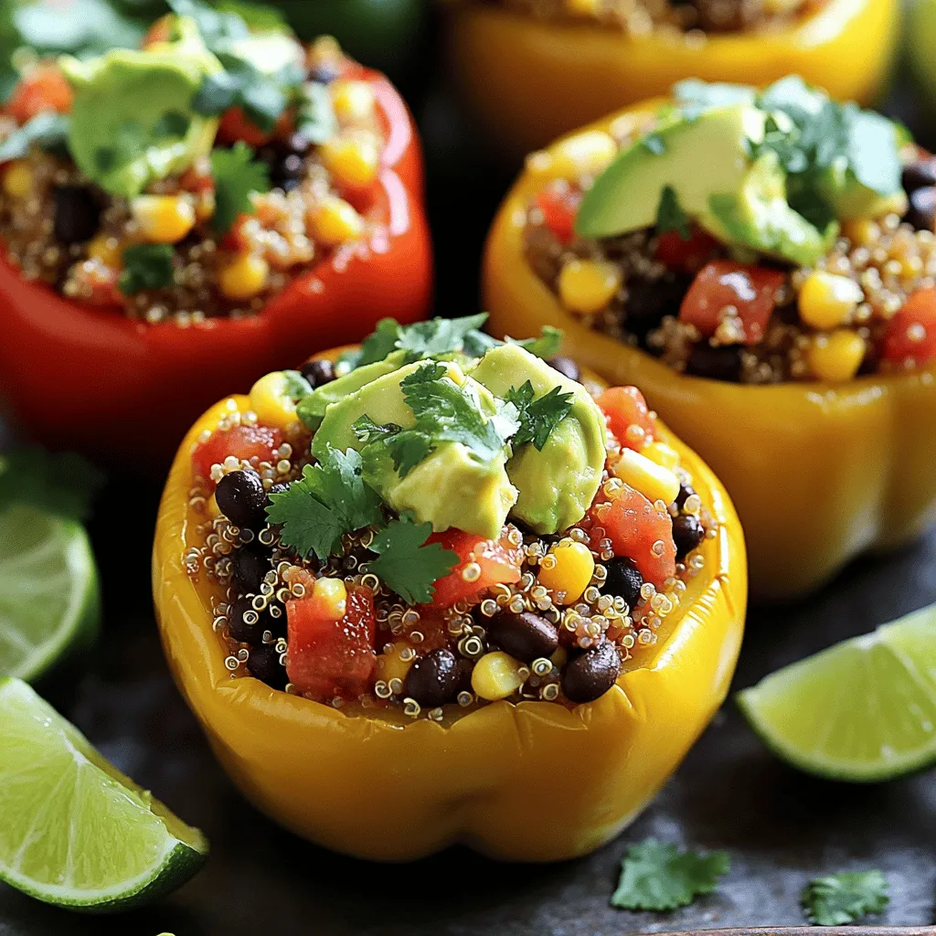 - 4 medium bell peppers (any color) - 1 cup quinoa, rinsed - 2 cups vegetable broth - 1 can (15 oz) black beans, rinsed and drained - 1 cup corn (fresh or frozen) - 1 cup diced tomatoes (canned or fresh) - 1 tsp cumin - 1 tsp paprika - 1/2 tsp garlic powder - Salt and pepper to taste - 1 avocado, diced (for topping) - Fresh cilantro, chopped (for garnish) - Lime wedges (for serving)