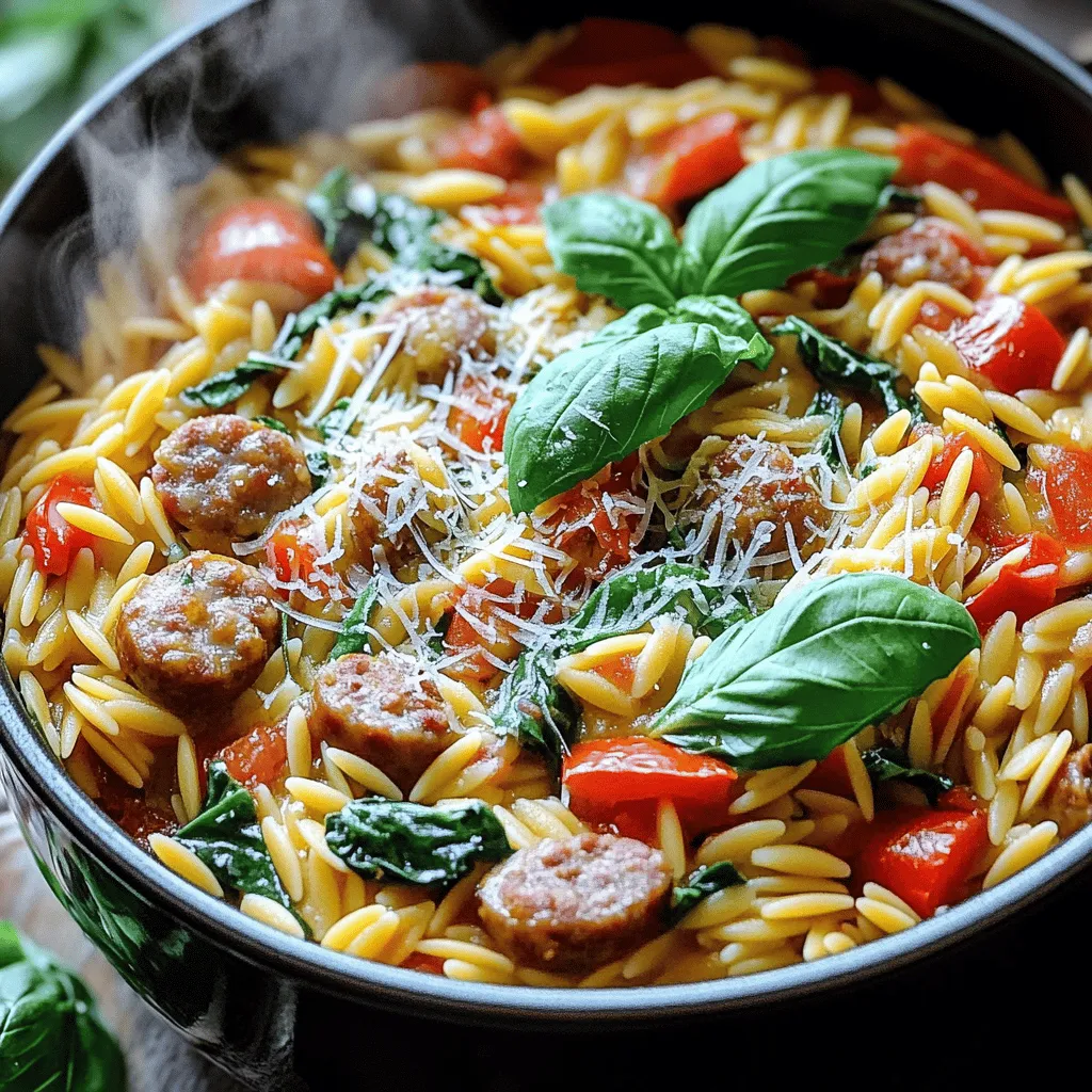 In this dish, the main star is Italian sausage. I prefer using mild or spicy sausage, depending on your taste. The meat adds great flavor and richness. Remove the casings before cooking to allow it to crumble nicely. This way, it blends well with the orzo.