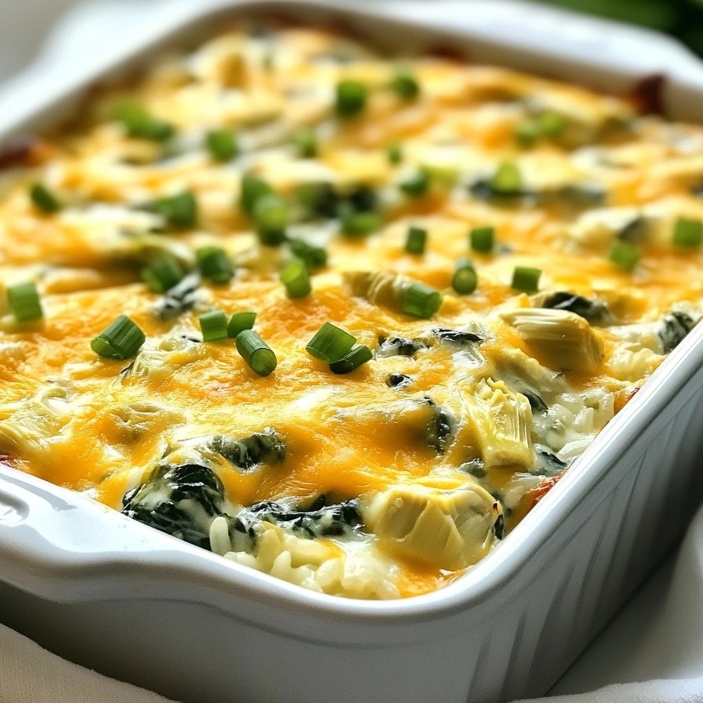 Cheesy Southern Spinach and Artichoke Rice Bake Delight