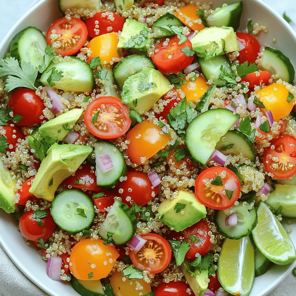 To make a tasty quinoa salad, you need fresh and vibrant ingredients. The main star is quinoa. This grain is light, fluffy, and full of protein. For a nutrient-rich quinoa salad, I use a mix of colorful vegetables. Cherry tomatoes add sweetness, while cucumbers bring crunch. A bell pepper adds a nice pop of color and flavor.
